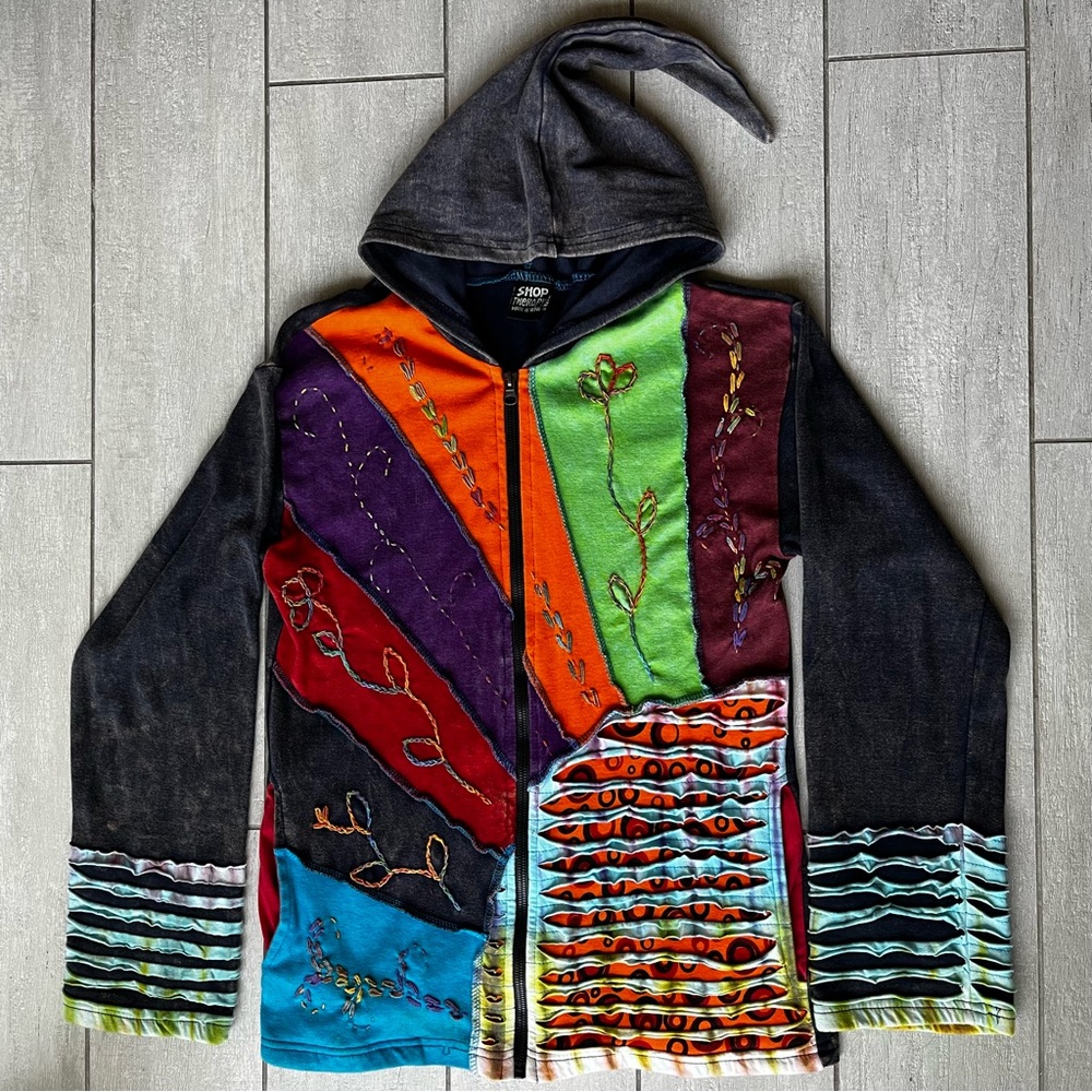 SHOP THERAPY Boho Patchwork Zip Up Hoodie L/XL Hippie Peace Sign Colorful Rave